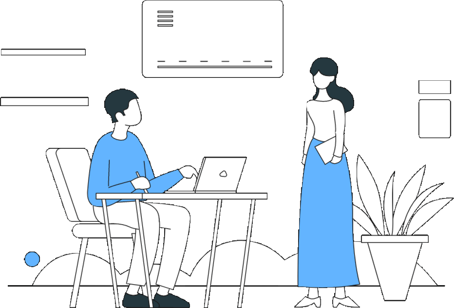 User guide illustration showing people working with documents and charts